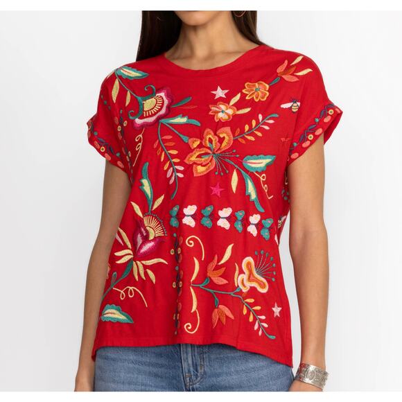 Johnny Was Averi Relaxed Tee Embroidered Red Floral Bee Sz Small - Picture 1 of 8